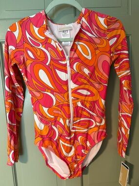 NWT Michael Kors Long-Sleeve One-Piece Swimsuit/Rash guard - Pink & Orange Sz 8